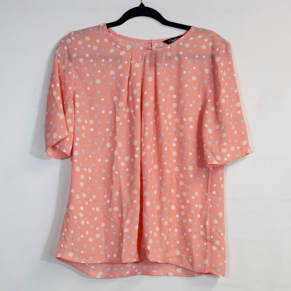 Chadwicks Peach Short Sleeve Blouse w/Grey White Polka Dots NWOT